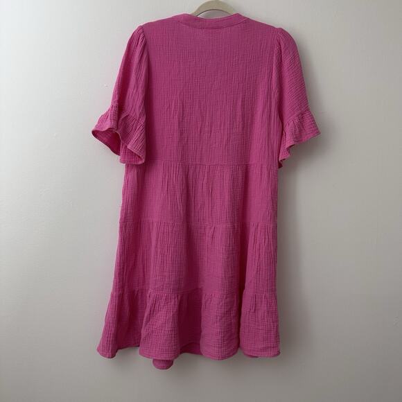 New In Womens L Pink Barbie Gauze Flutter Sleeve Popover Button Cover Up Dress - Picture 6 of 6